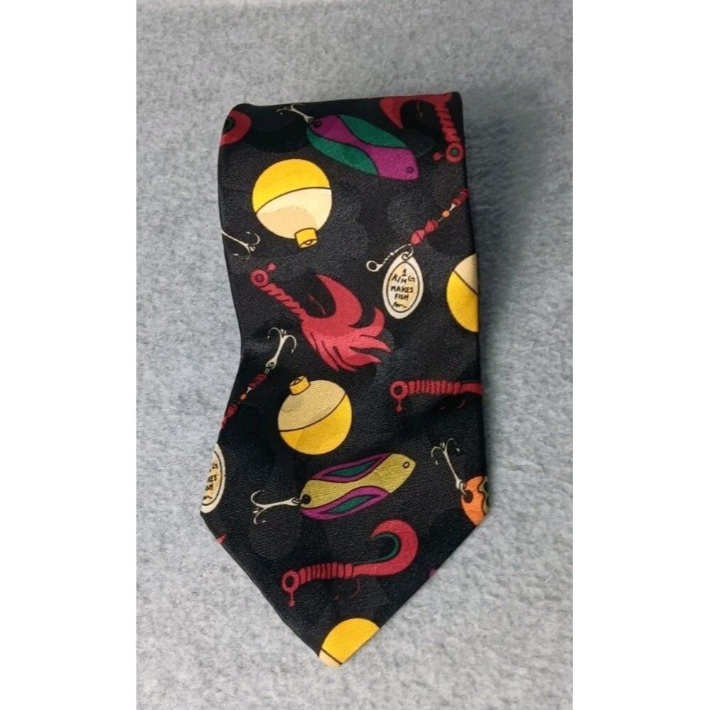 VTG Jordache Mens Tie 90s Retro Fishing Lures Bobbers Novelty Black Necktie Fish